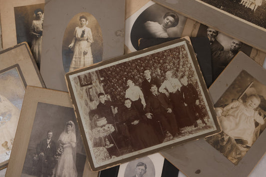 Lot 159 - Grouping Of 12 Antique Boarded And Cabinet Card Photographs, Including Wedding Portraits, Family With Dog, Interior Family Portrait, Other Portraits And Photos