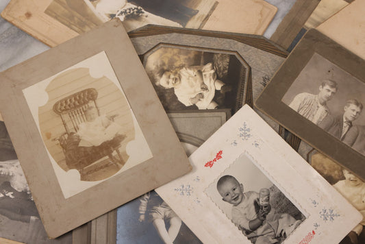 Lot 161 - Grouping Of 11 Antique Boarded, Cabinet Card, And Other Photographs, Including Portrait Of Three Young Men, Baby On Rocking Chair, Wedding Portraits, And More