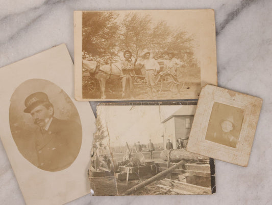 Lot 166 - Grouping Of Four Antique Occupational Photographs Including Miniature Boarded Photo Of Possible Firefighter, R.P.P.C. Of Men With Horse And Carriage, R.P.P.C. Of Train Conductor, And Poor Condition R.P.P.C. Of Sawmill