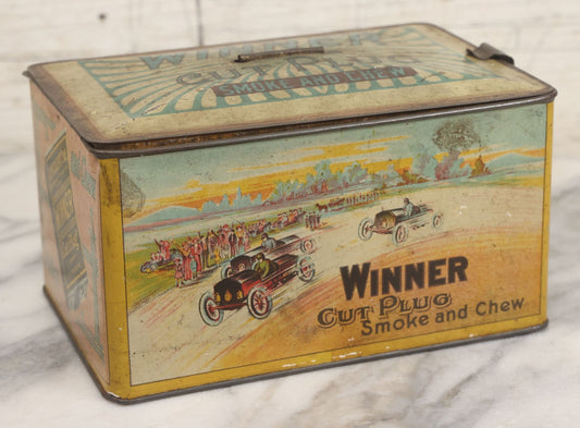 Lot 002 - Antique Tin Lithograph "Winner Cut Plug Smoke And Chew" Tobacco Tin With Auto Racing Motif, J. Wright Co., Richmond, Virginia, Circa 1910-1920, Note Missing Handle