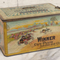 Lot 002 - Antique Tin Lithograph "Winner Cut Plug Smoke And Chew" Tobacco Tin With Auto Racing Motif, J. Wright Co., Richmond, Virginia, Circa 1910-1920, Note Missing Handle