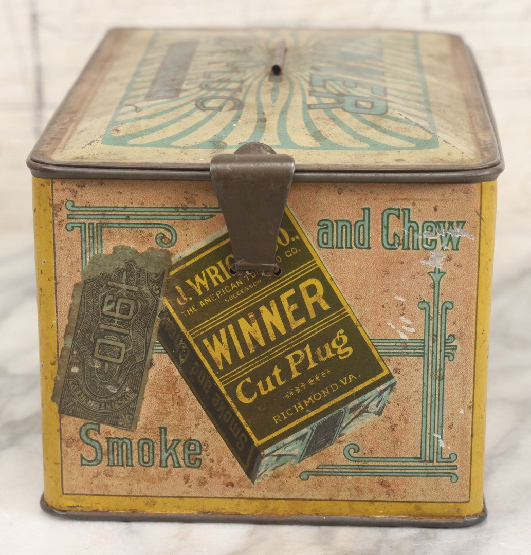 Lot 002 - Antique Tin Lithograph "Winner Cut Plug Smoke And Chew" Tobacco Tin With Auto Racing Motif, J. Wright Co., Richmond, Virginia, Circa 1910-1920, Note Missing Handle