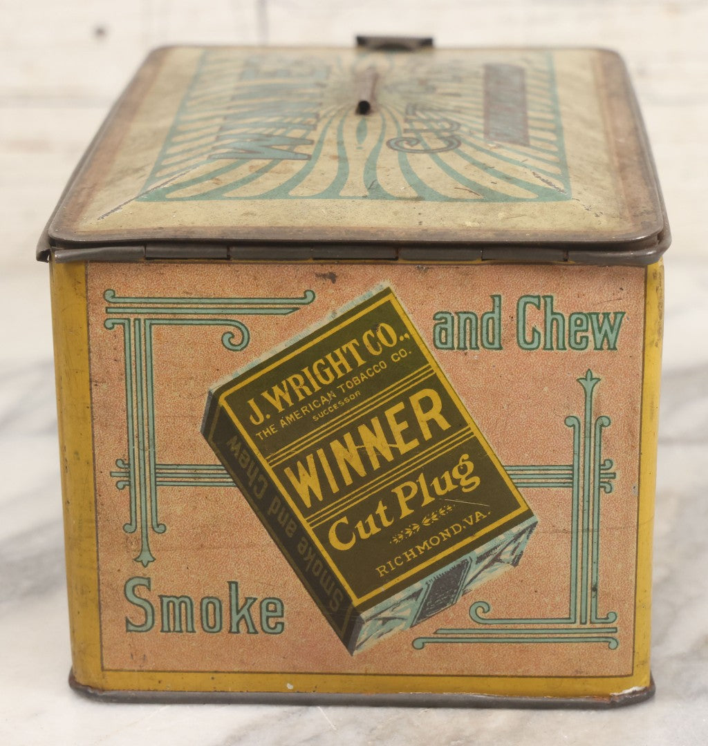 Lot 002 - Antique Tin Lithograph "Winner Cut Plug Smoke And Chew" Tobacco Tin With Auto Racing Motif, J. Wright Co., Richmond, Virginia, Circa 1910-1920, Note Missing Handle