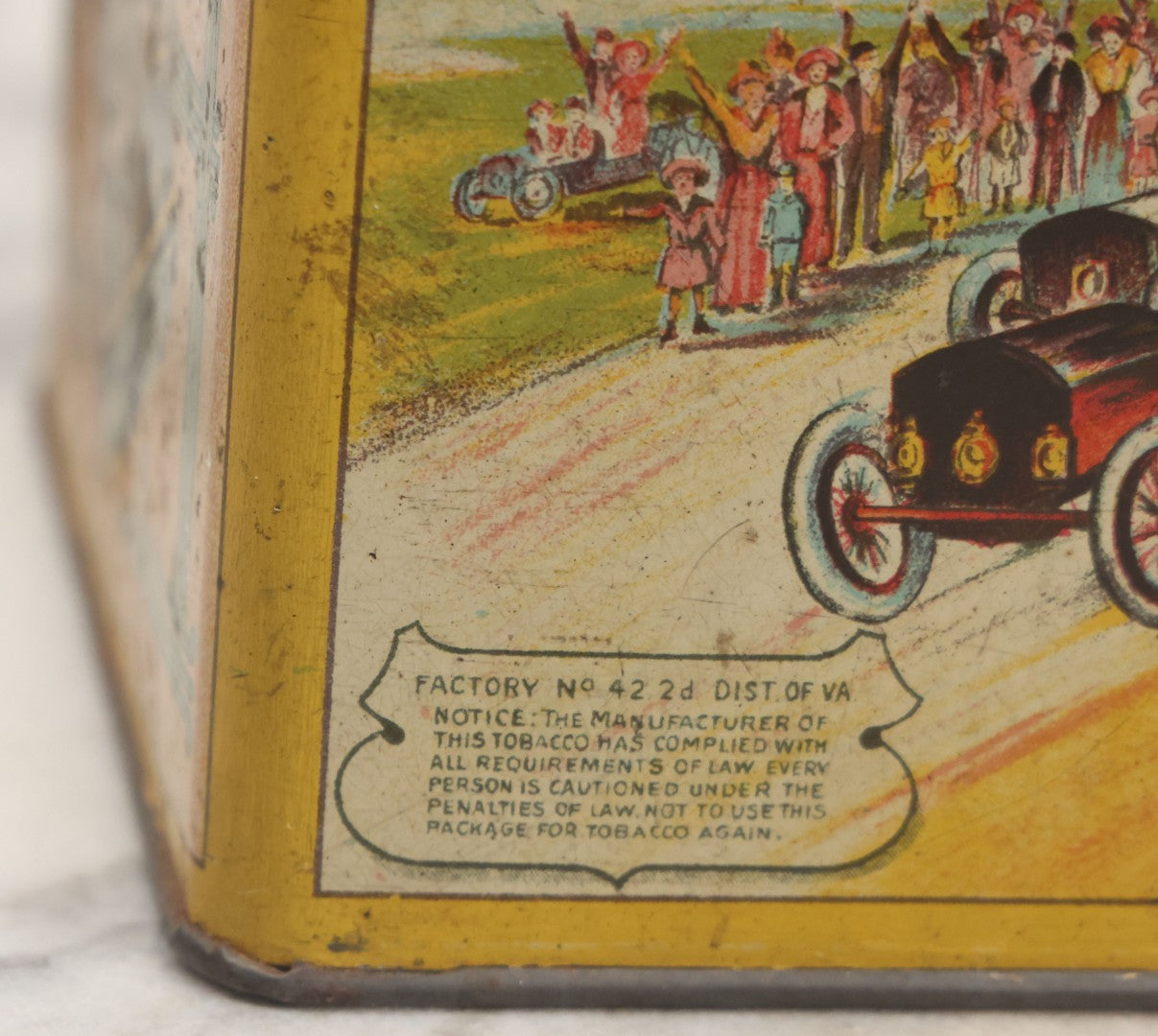 Lot 002 - Antique Tin Lithograph "Winner Cut Plug Smoke And Chew" Tobacco Tin With Auto Racing Motif, J. Wright Co., Richmond, Virginia, Circa 1910-1920, Note Missing Handle