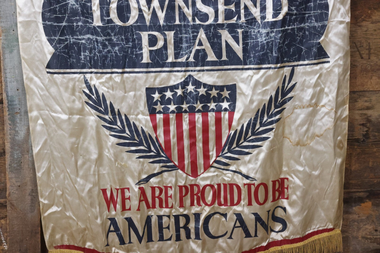 Lot 006 - Vintage Silk Screened Patriotic Political Banner Celebrating 164 Years Of Independence, "God Bless America With The Townsend Plan," Depression-Era Pension Plan, 1940, 38-3/4" x 55"