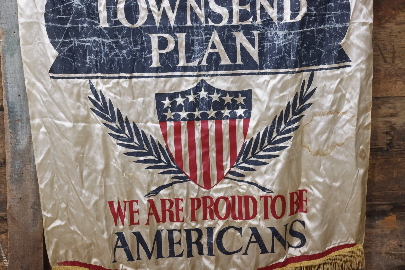 Lot 006 - Vintage Silk Screened Patriotic Political Banner Celebrating 164 Years Of Independence, "God Bless America With The Townsend Plan," Depression-Era Pension Plan, 1940, 38-3/4" x 55"