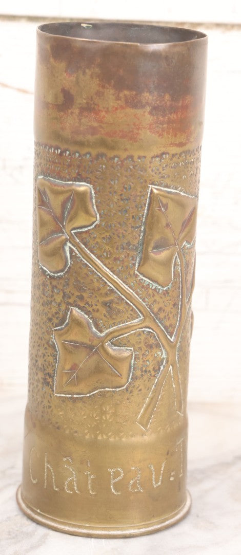 Lot 007 - Antique Brass World War One Era Trench Art Artillery Shell Vase Commemorating The Battle Of Château-Thierry, France, 1918, With Hand Hammered Details And Leaf Motif, 9" Height