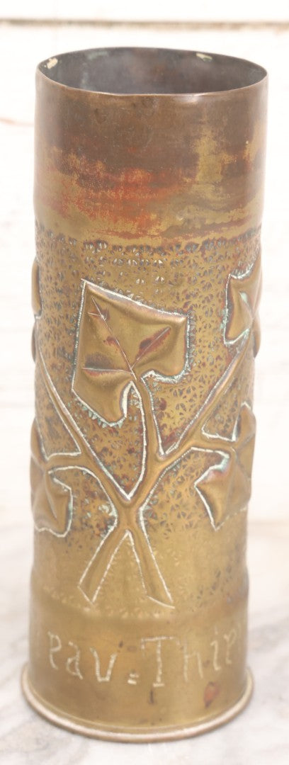Lot 007 - Antique Brass World War One Era Trench Art Artillery Shell Vase Commemorating The Battle Of Château-Thierry, France, 1918, With Hand Hammered Details And Leaf Motif, 9" Height
