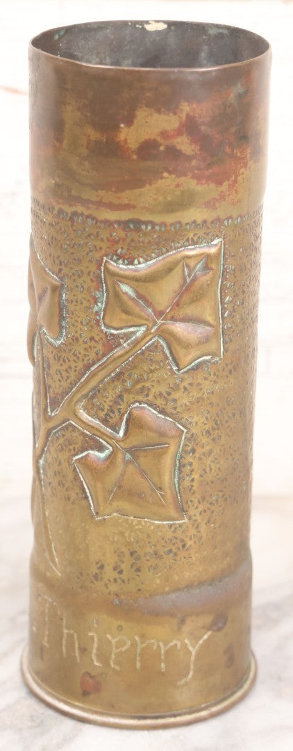 Lot 007 - Antique Brass World War One Era Trench Art Artillery Shell Vase Commemorating The Battle Of Château-Thierry, France, 1918, With Hand Hammered Details And Leaf Motif, 9" Height