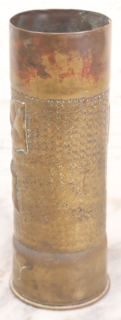 Lot 007 - Antique Brass World War One Era Trench Art Artillery Shell Vase Commemorating The Battle Of Château-Thierry, France, 1918, With Hand Hammered Details And Leaf Motif, 9" Height