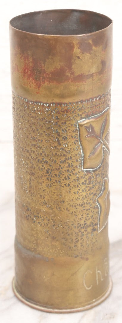 Lot 007 - Antique Brass World War One Era Trench Art Artillery Shell Vase Commemorating The Battle Of Château-Thierry, France, 1918, With Hand Hammered Details And Leaf Motif, 9" Height