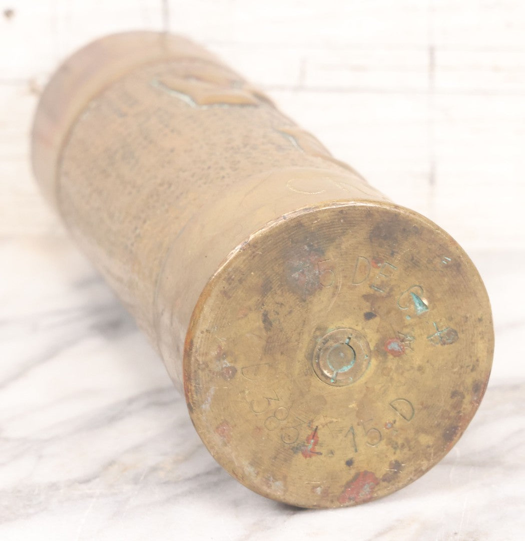 Lot 007 - Antique Brass World War One Era Trench Art Artillery Shell Vase Commemorating The Battle Of Château-Thierry, France, 1918, With Hand Hammered Details And Leaf Motif, 9" Height