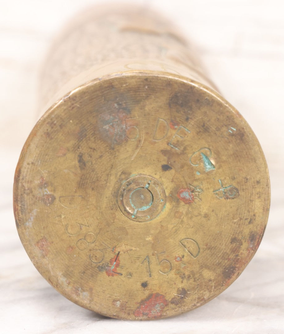 Lot 007 - Antique Brass World War One Era Trench Art Artillery Shell Vase Commemorating The Battle Of Château-Thierry, France, 1918, With Hand Hammered Details And Leaf Motif, 9" Height