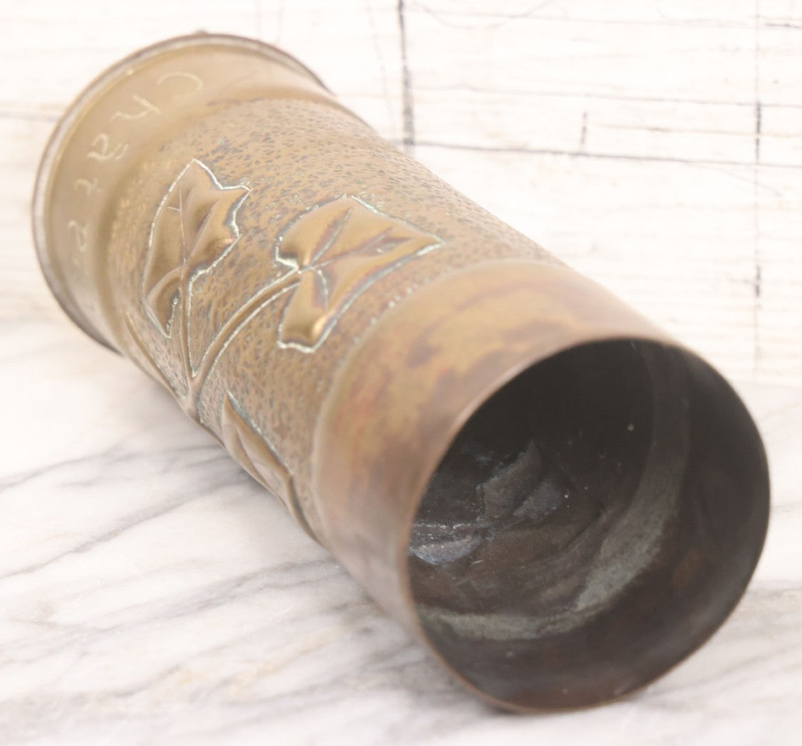 Lot 007 - Antique Brass World War One Era Trench Art Artillery Shell Vase Commemorating The Battle Of Château-Thierry, France, 1918, With Hand Hammered Details And Leaf Motif, 9" Height