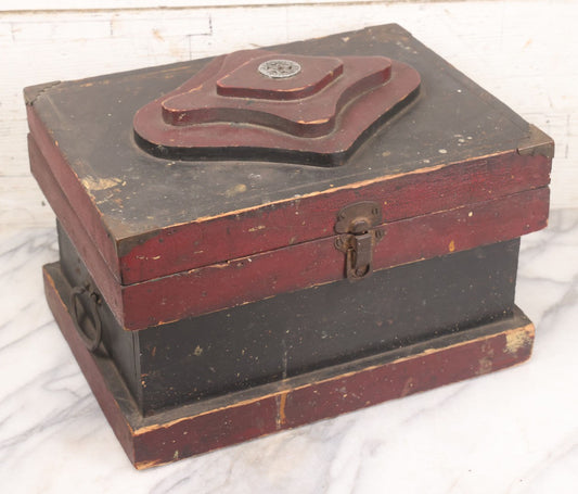 Lot 008 - Antique Folk Art Wooden Child's Tool Box With Original Red And Black Paint, Wood Cut Details, Badge Adornment, Lift Out Tray, And Applied World War One Soldier Decal On Interior