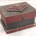 Lot 008 - Antique Folk Art Wooden Child's Tool Box With Original Red And Black Paint, Wood Cut Details, Badge Adornment, Lift Out Tray, And Applied World War One Soldier Decal On Interior