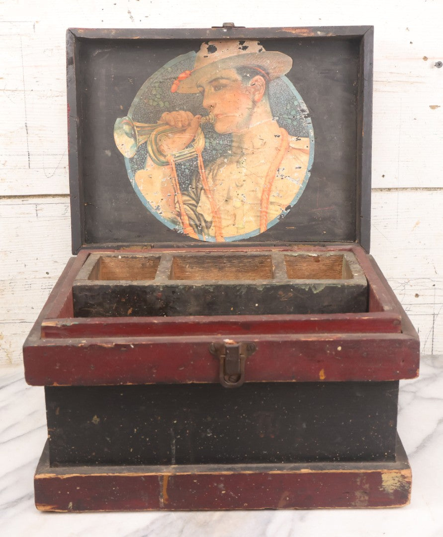 Lot 008 - Antique Folk Art Wooden Child's Tool Box With Original Red And Black Paint, Wood Cut Details, Badge Adornment, Lift Out Tray, And Applied World War One Soldier Decal On Interior