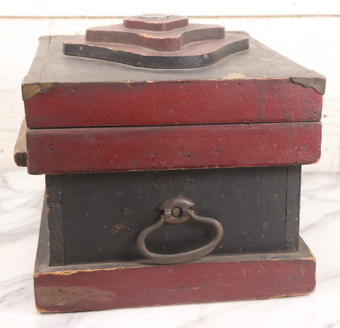 Lot 008 - Antique Folk Art Wooden Child's Tool Box With Original Red And Black Paint, Wood Cut Details, Badge Adornment, Lift Out Tray, And Applied World War One Soldier Decal On Interior