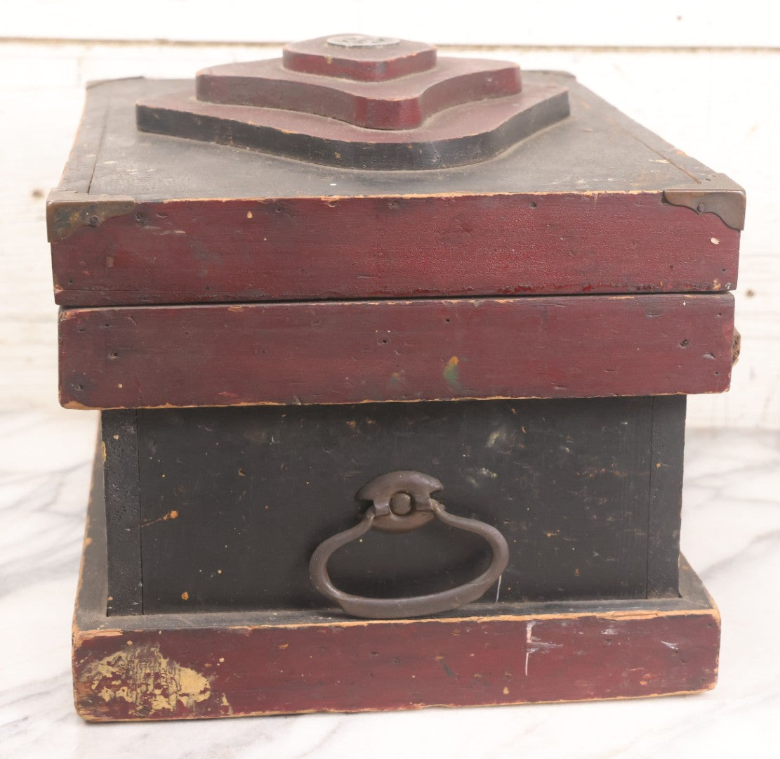 Lot 008 - Antique Folk Art Wooden Child's Tool Box With Original Red And Black Paint, Wood Cut Details, Badge Adornment, Lift Out Tray, And Applied World War One Soldier Decal On Interior