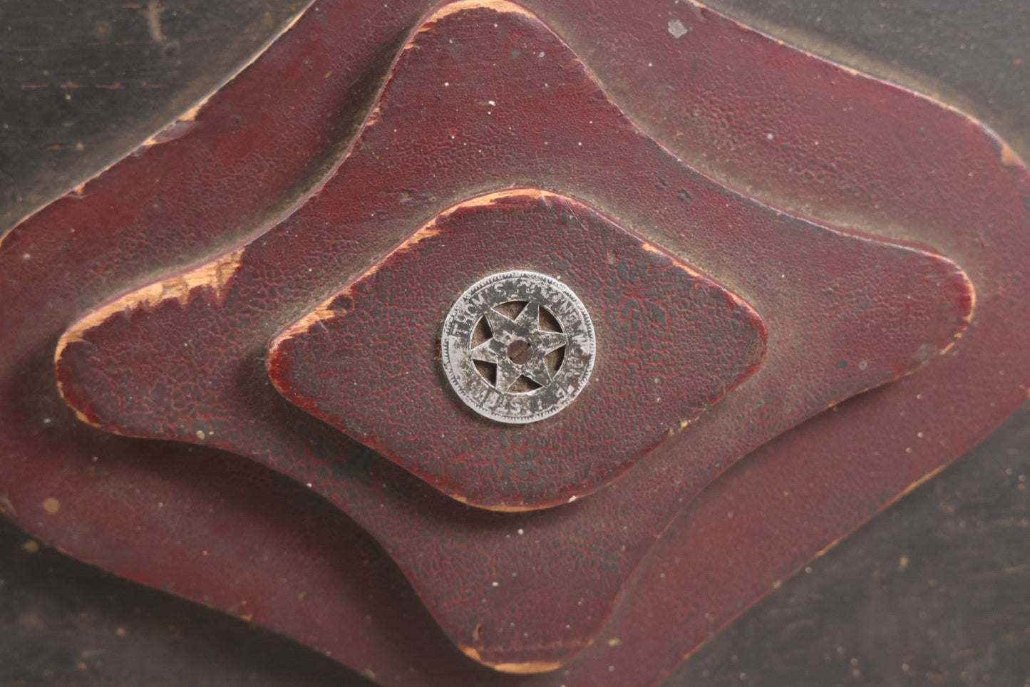 Lot 008 - Antique Folk Art Wooden Child's Tool Box With Original Red And Black Paint, Wood Cut Details, Badge Adornment, Lift Out Tray, And Applied World War One Soldier Decal On Interior