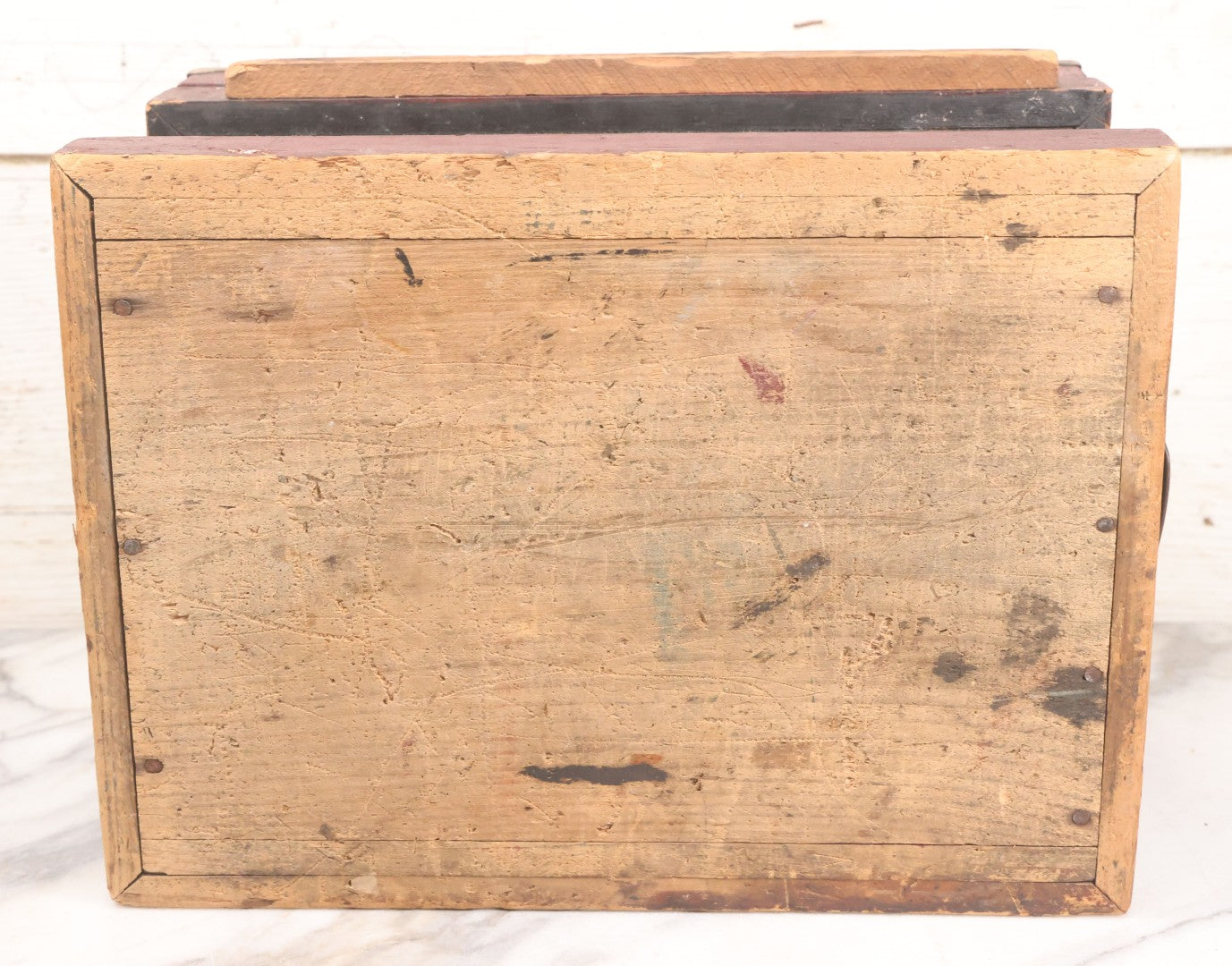 Lot 008 - Antique Folk Art Wooden Child's Tool Box With Original Red And Black Paint, Wood Cut Details, Badge Adornment, Lift Out Tray, And Applied World War One Soldier Decal On Interior