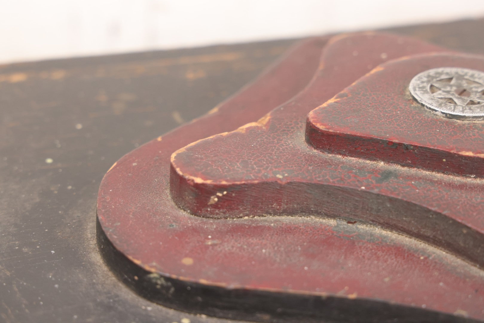 Lot 008 - Antique Folk Art Wooden Child's Tool Box With Original Red And Black Paint, Wood Cut Details, Badge Adornment, Lift Out Tray, And Applied World War One Soldier Decal On Interior