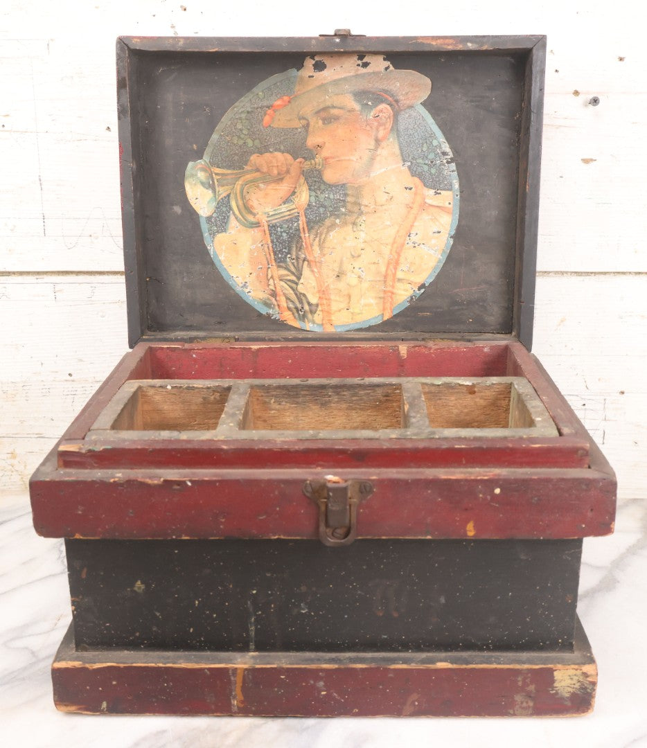 Lot 008 - Antique Folk Art Wooden Child's Tool Box With Original Red And Black Paint, Wood Cut Details, Badge Adornment, Lift Out Tray, And Applied World War One Soldier Decal On Interior