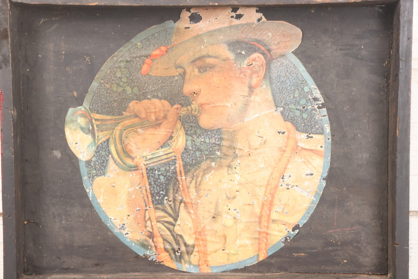 Lot 008 - Antique Folk Art Wooden Child's Tool Box With Original Red And Black Paint, Wood Cut Details, Badge Adornment, Lift Out Tray, And Applied World War One Soldier Decal On Interior