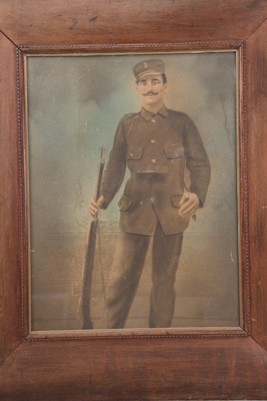 Lot 009 - Antique Hand Colored Solar Enlargement Photograph Of World War One Era British Soldier, Framed, 19-1/2" x 23-1/8"