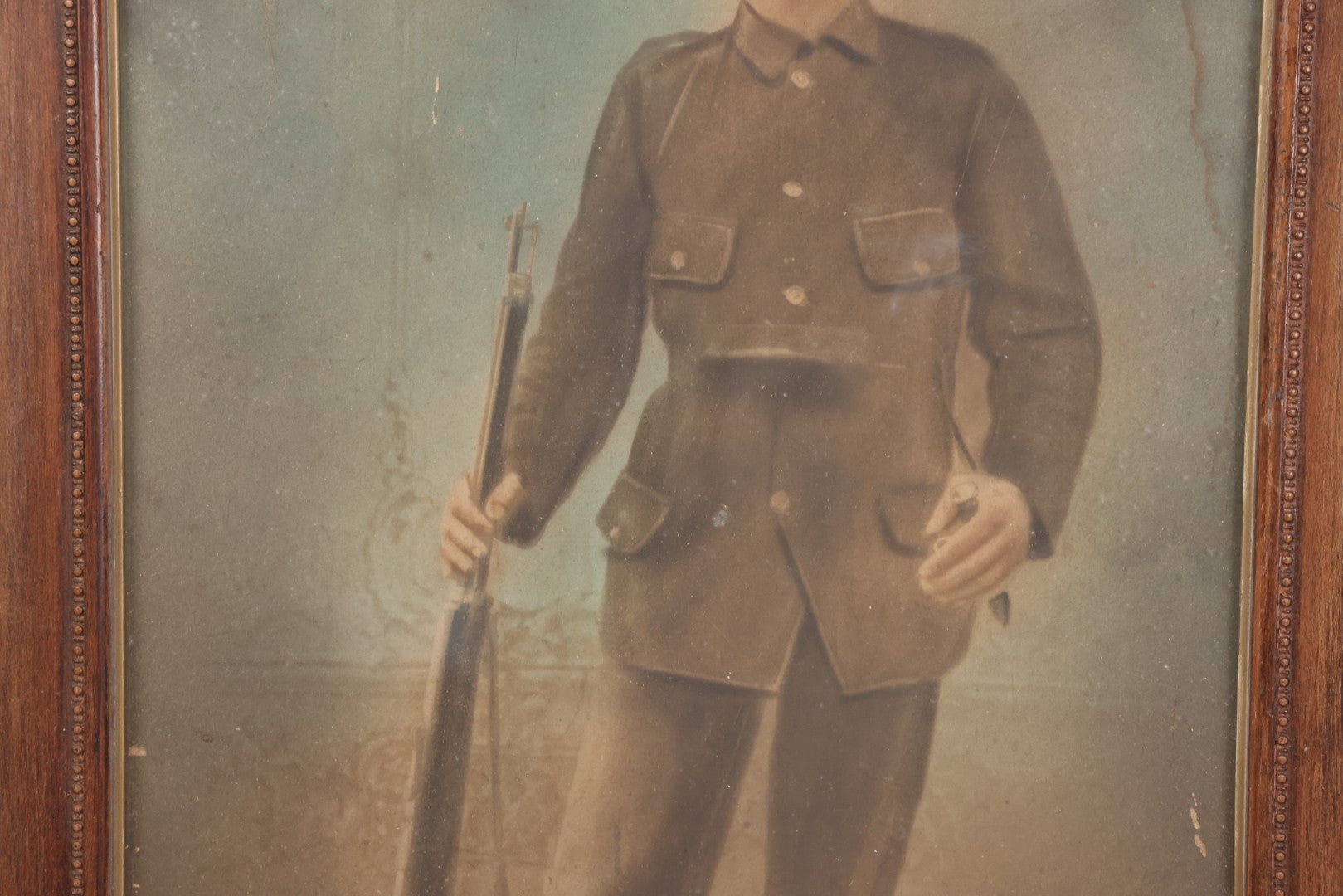 Lot 009 - Antique Hand Colored Solar Enlargement Photograph Of World War One Era British Soldier, Framed, 19-1/2" x 23-1/8"