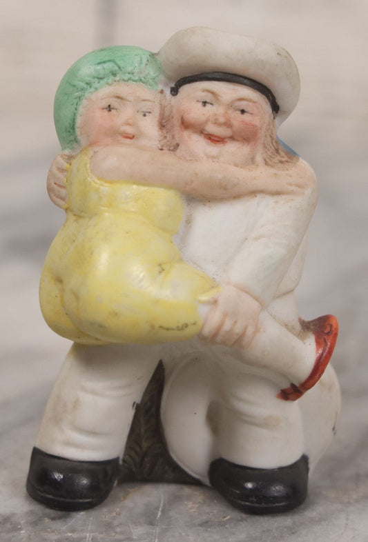 Lot 011 - Antique Painted German Bisque "Naughty Nautical" Toothpick Holder Figurine Of Portly Sailor Holding His Big-Booty Lover, Attributed To Schafer And Vater, Circa 1920s 3" Height