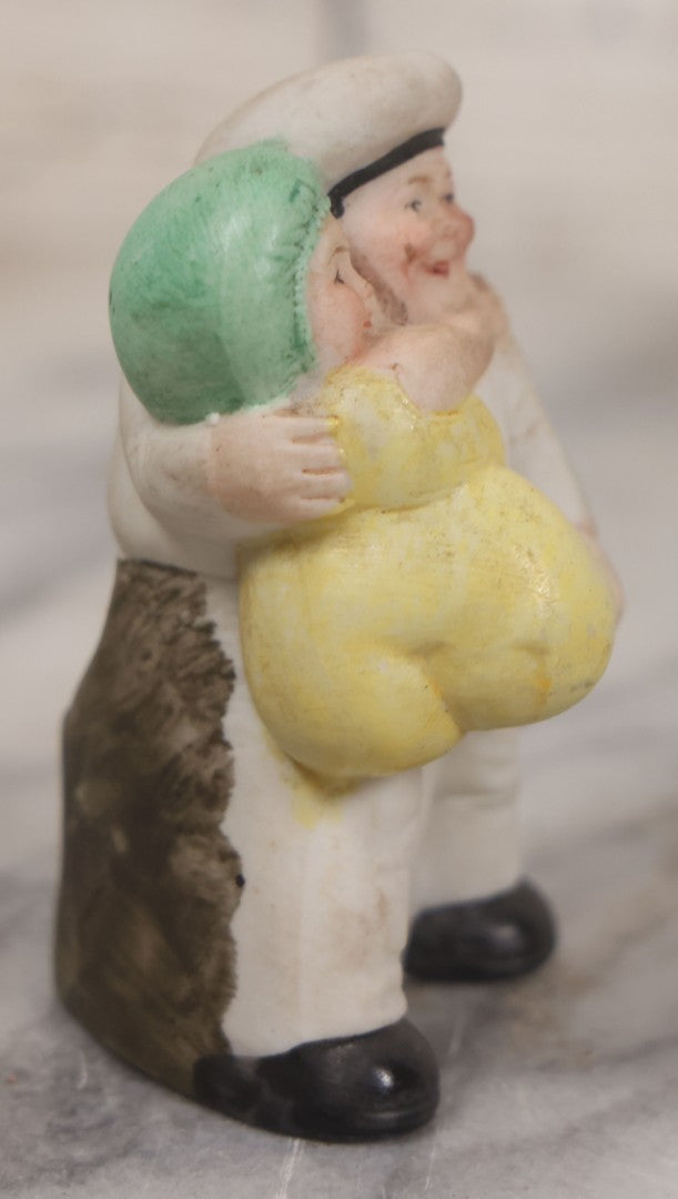 Lot 011 - Antique Painted German Bisque "Naughty Nautical" Toothpick Holder Figurine Of Portly Sailor Holding His Big-Booty Lover, Attributed To Schafer And Vater, Circa 1920s 3" Height