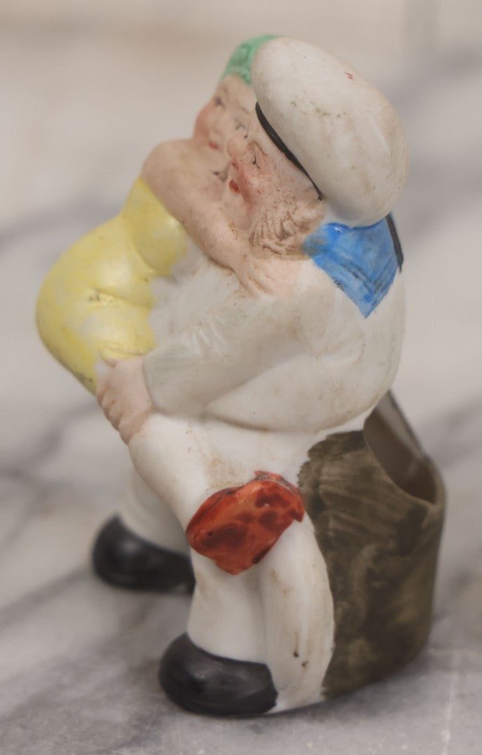 Lot 011 - Antique Painted German Bisque "Naughty Nautical" Toothpick Holder Figurine Of Portly Sailor Holding His Big-Booty Lover, Attributed To Schafer And Vater, Circa 1920s 3" Height