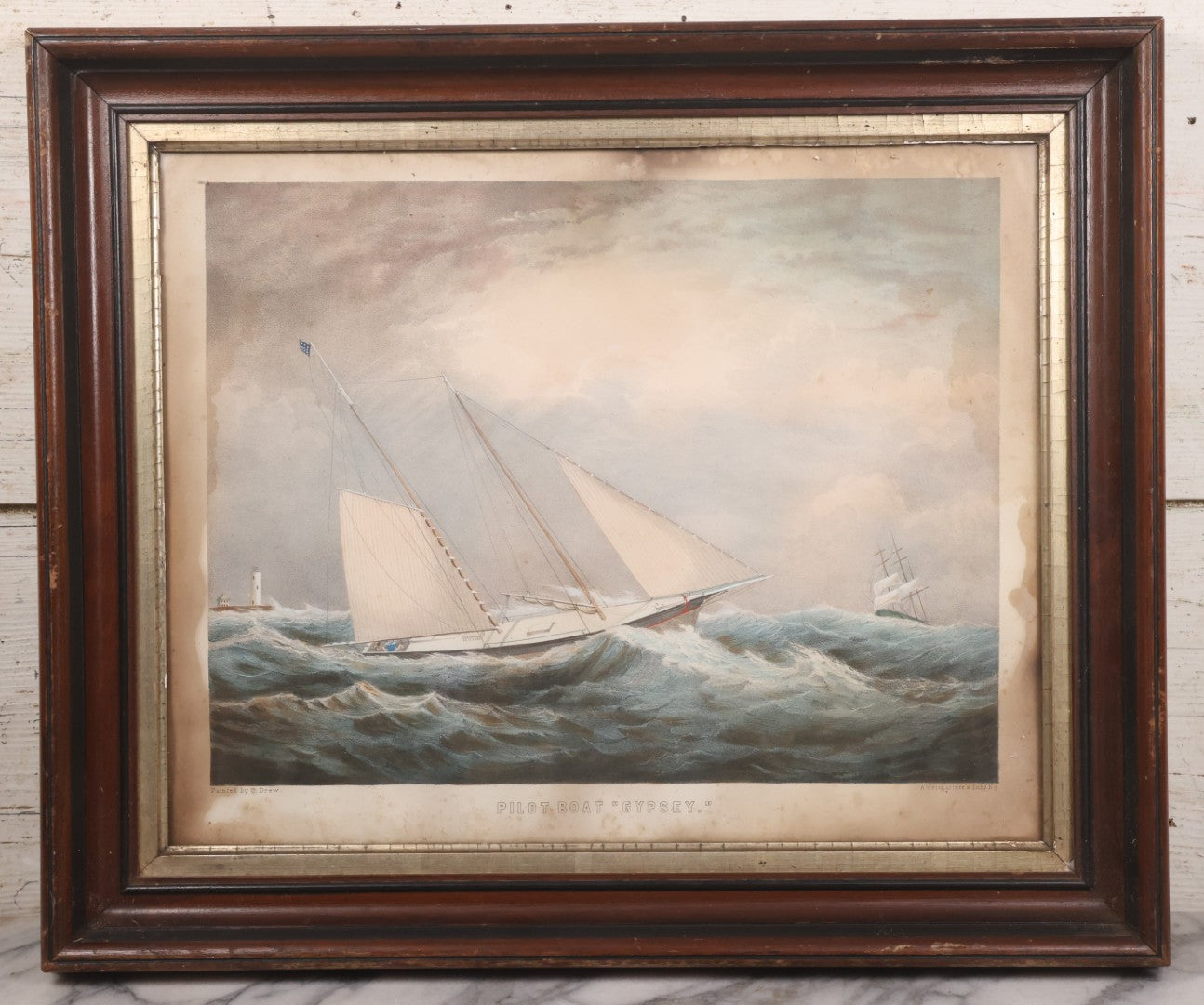 Lot 013 - Antique Hand Colored Lithograph Of Sailing Ship In Choppy Waters, Titled "Pilot Boat 'Gypsey,'" Lithographed By A. Weingartner's Lithography, New York, After A Painting By C. Drew, In Period Deep Walnut Frame, 21-3/8" x 17-7/8"