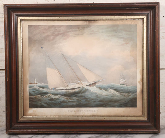 Lot 013 - Antique Hand Colored Lithograph Of Sailing Ship In Choppy Waters, Titled "Pilot Boat 'Gypsey,'" Lithographed By A. Weingartner's Lithography, New York, After A Painting By C. Drew, In Period Deep Walnut Frame, 21-3/8" x 17-7/8"