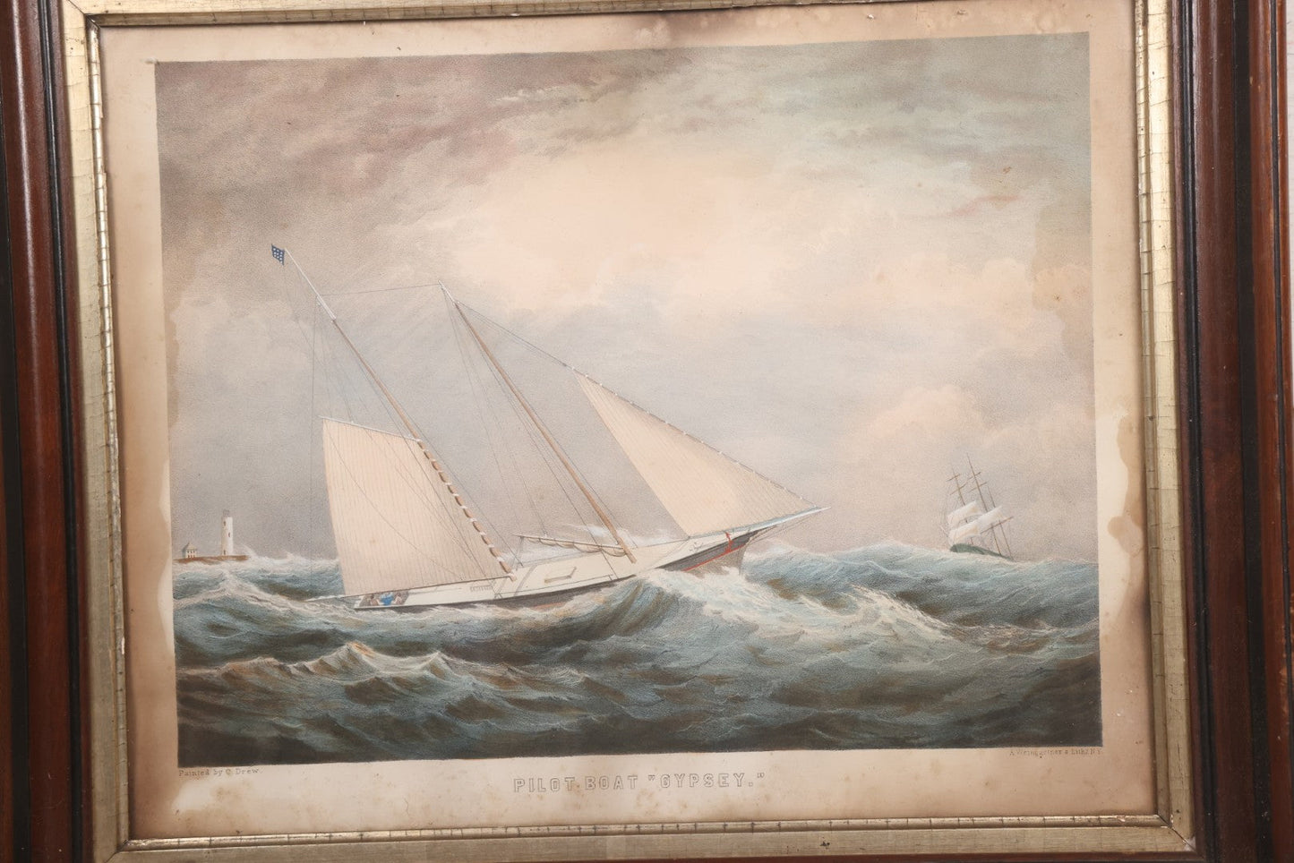 Lot 013 - Antique Hand Colored Lithograph Of Sailing Ship In Choppy Waters, Titled "Pilot Boat 'Gypsey,'" Lithographed By A. Weingartner's Lithography, New York, After A Painting By C. Drew, In Period Deep Walnut Frame, 21-3/8" x 17-7/8"