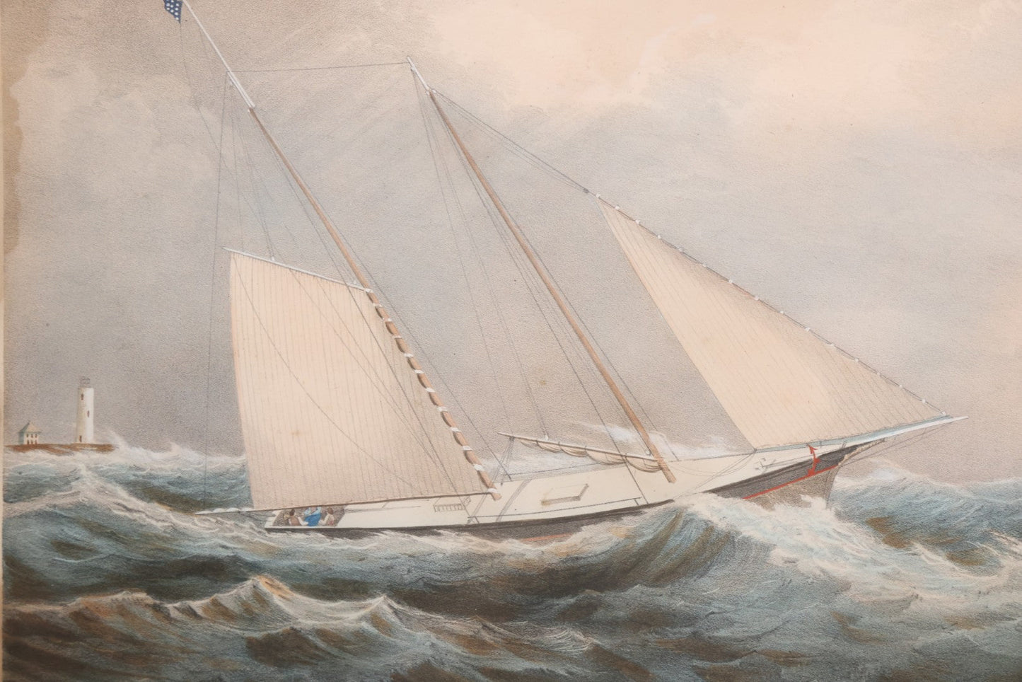 Lot 013 - Antique Hand Colored Lithograph Of Sailing Ship In Choppy Waters, Titled "Pilot Boat 'Gypsey,'" Lithographed By A. Weingartner's Lithography, New York, After A Painting By C. Drew, In Period Deep Walnut Frame, 21-3/8" x 17-7/8"