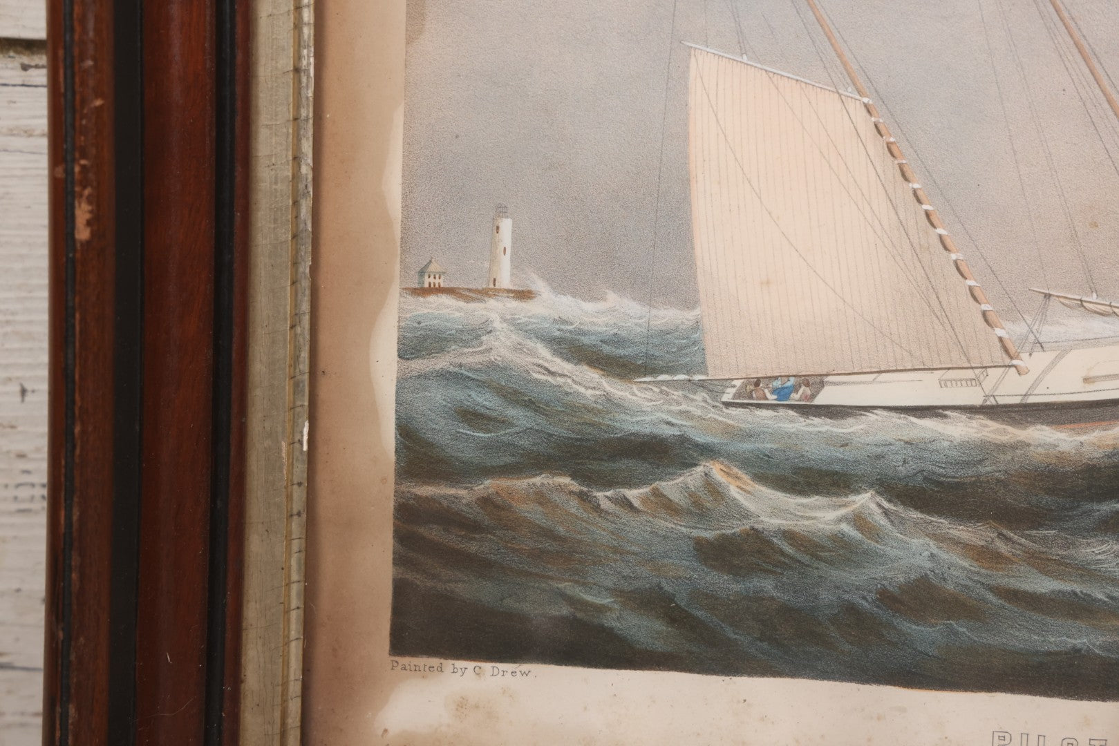 Lot 013 - Antique Hand Colored Lithograph Of Sailing Ship In Choppy Waters, Titled "Pilot Boat 'Gypsey,'" Lithographed By A. Weingartner's Lithography, New York, After A Painting By C. Drew, In Period Deep Walnut Frame, 21-3/8" x 17-7/8"