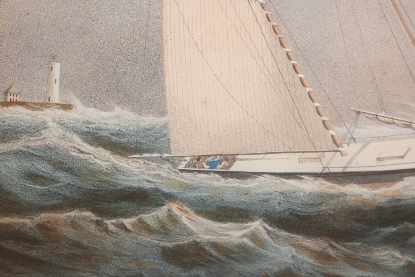 Lot 013 - Antique Hand Colored Lithograph Of Sailing Ship In Choppy Waters, Titled "Pilot Boat 'Gypsey,'" Lithographed By A. Weingartner's Lithography, New York, After A Painting By C. Drew, In Period Deep Walnut Frame, 21-3/8" x 17-7/8"