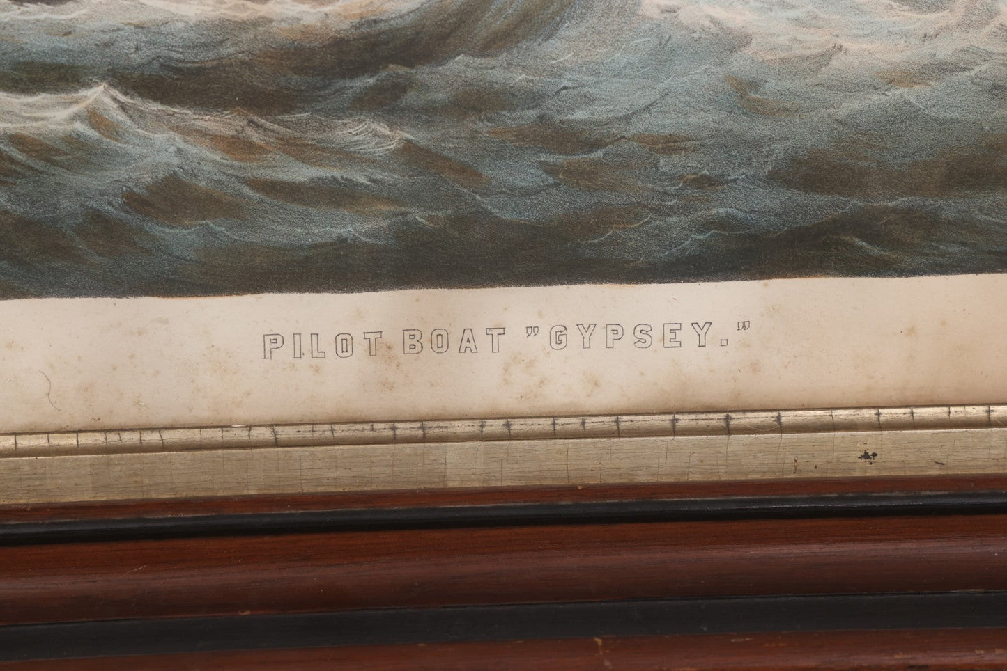 Lot 013 - Antique Hand Colored Lithograph Of Sailing Ship In Choppy Waters, Titled "Pilot Boat 'Gypsey,'" Lithographed By A. Weingartner's Lithography, New York, After A Painting By C. Drew, In Period Deep Walnut Frame, 21-3/8" x 17-7/8"