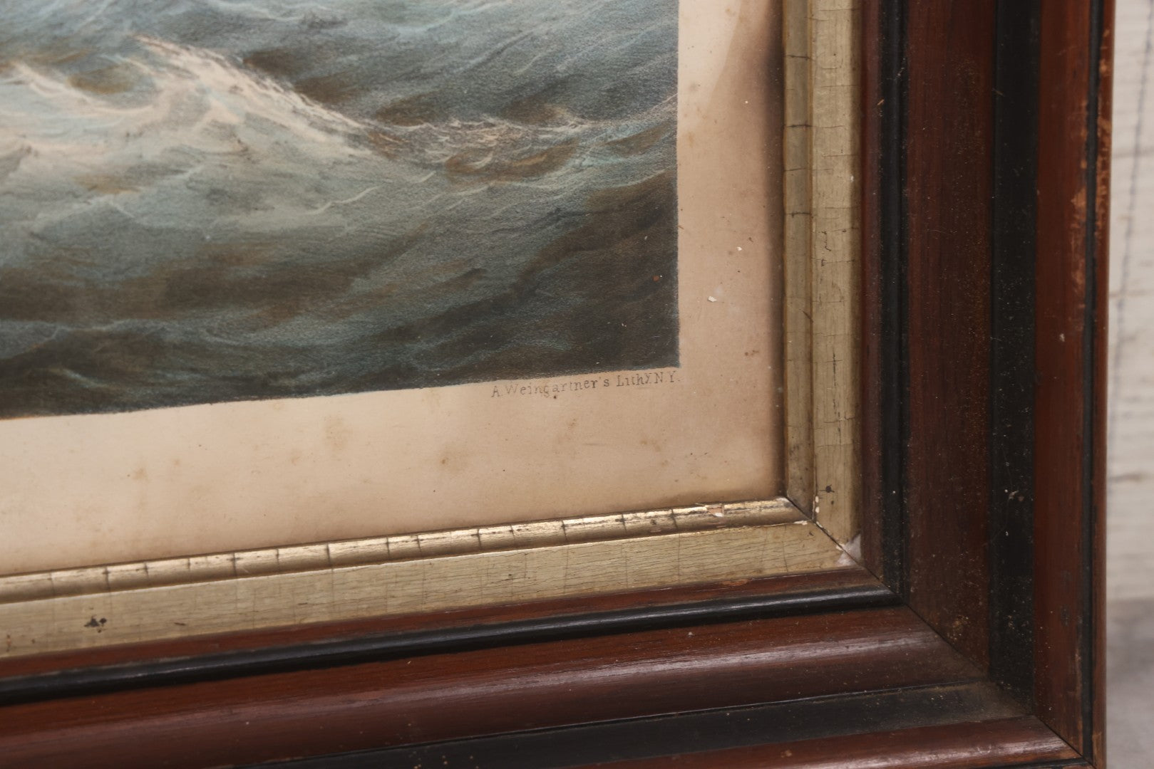 Lot 013 - Antique Hand Colored Lithograph Of Sailing Ship In Choppy Waters, Titled "Pilot Boat 'Gypsey,'" Lithographed By A. Weingartner's Lithography, New York, After A Painting By C. Drew, In Period Deep Walnut Frame, 21-3/8" x 17-7/8"