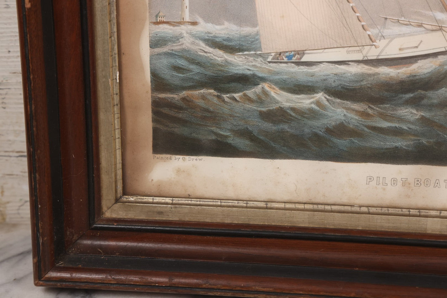 Lot 013 - Antique Hand Colored Lithograph Of Sailing Ship In Choppy Waters, Titled "Pilot Boat 'Gypsey,'" Lithographed By A. Weingartner's Lithography, New York, After A Painting By C. Drew, In Period Deep Walnut Frame, 21-3/8" x 17-7/8"
