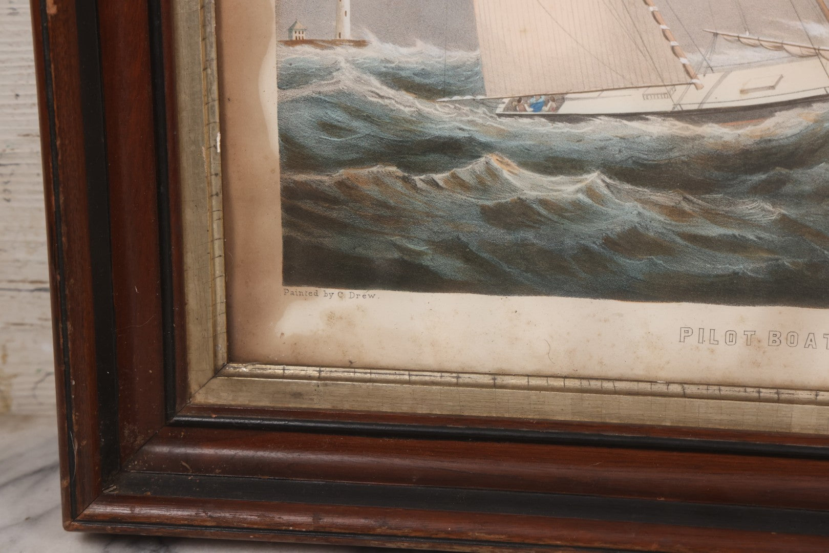 Lot 013 - Antique Hand Colored Lithograph Of Sailing Ship In Choppy Waters, Titled "Pilot Boat 'Gypsey,'" Lithographed By A. Weingartner's Lithography, New York, After A Painting By C. Drew, In Period Deep Walnut Frame, 21-3/8" x 17-7/8"