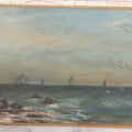 Lot 014 - Antique Miniature Oil On Board Seascape Painting With Sailboats Off The Cost, Rocky Shore, Seagulls In Flight, On Beveled Artists Board, Circa Mid 19th Century, 6-1/2" x 4-1/4"