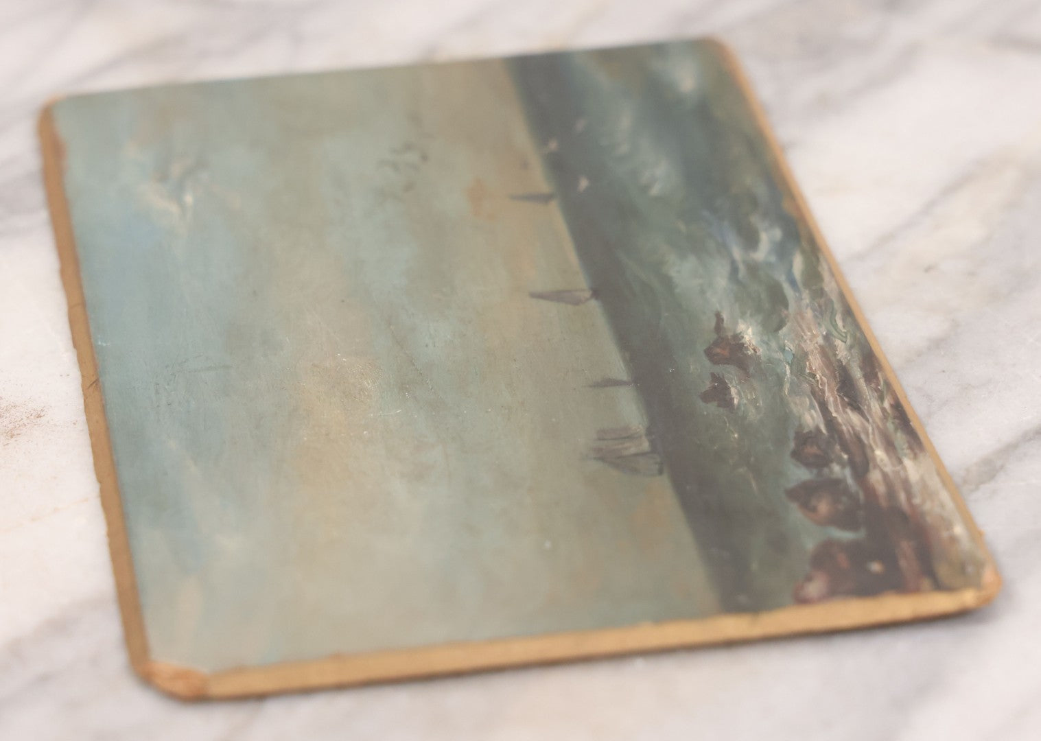 Lot 014 - Antique Miniature Oil On Board Seascape Painting With Sailboats Off The Cost, Rocky Shore, Seagulls In Flight, On Beveled Artists Board, Circa Mid 19th Century, 6-1/2" x 4-1/4"