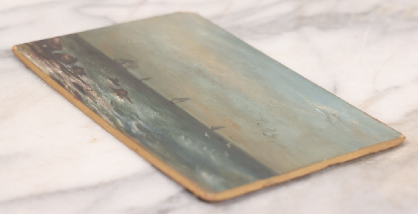 Lot 014 - Antique Miniature Oil On Board Seascape Painting With Sailboats Off The Cost, Rocky Shore, Seagulls In Flight, On Beveled Artists Board, Circa Mid 19th Century, 6-1/2" x 4-1/4"