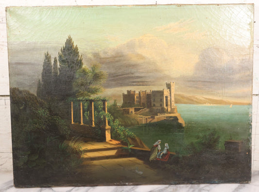Lot 015 - Antique European Oil On Canvas Painting Landscape Scene Depicting Seaside Castle With Maidens Looking Toward The Coast From Stone Ruins, Mountains And Sailboats In The Distance, Cloudy Sky, Circa Early 19th Century, 24" x 18"