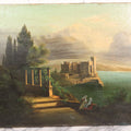 Lot 015 - Antique European Oil On Canvas Painting Landscape Scene Depicting Seaside Castle With Maidens Looking Toward The Coast From Stone Ruins, Mountains And Sailboats In The Distance, Cloudy Sky, Circa Early 19th Century, 24" x 18"