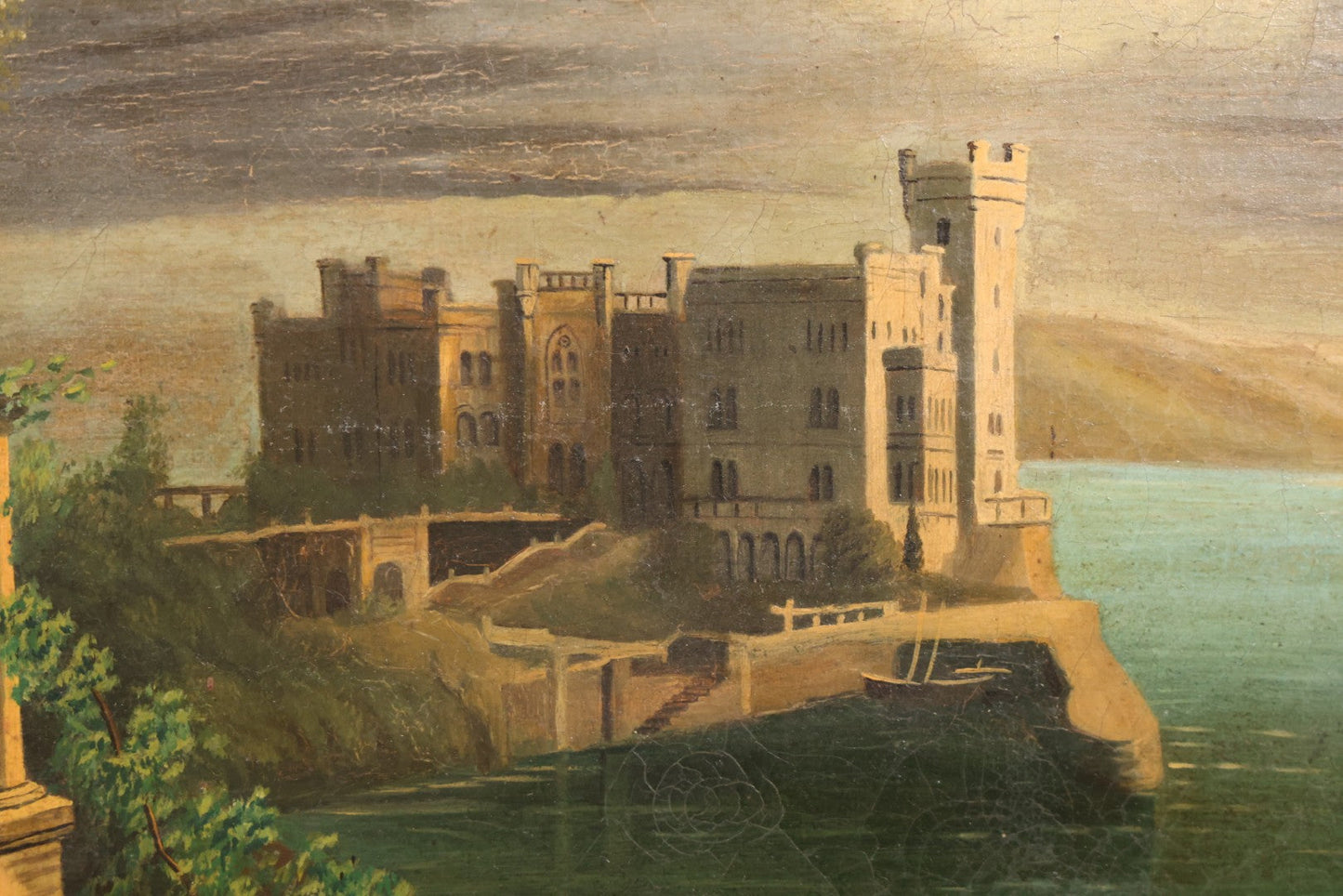 Lot 015 - Antique European Oil On Canvas Painting Landscape Scene Depicting Seaside Castle With Maidens Looking Toward The Coast From Stone Ruins, Mountains And Sailboats In The Distance, Cloudy Sky, Circa Early 19th Century, 24" x 18"