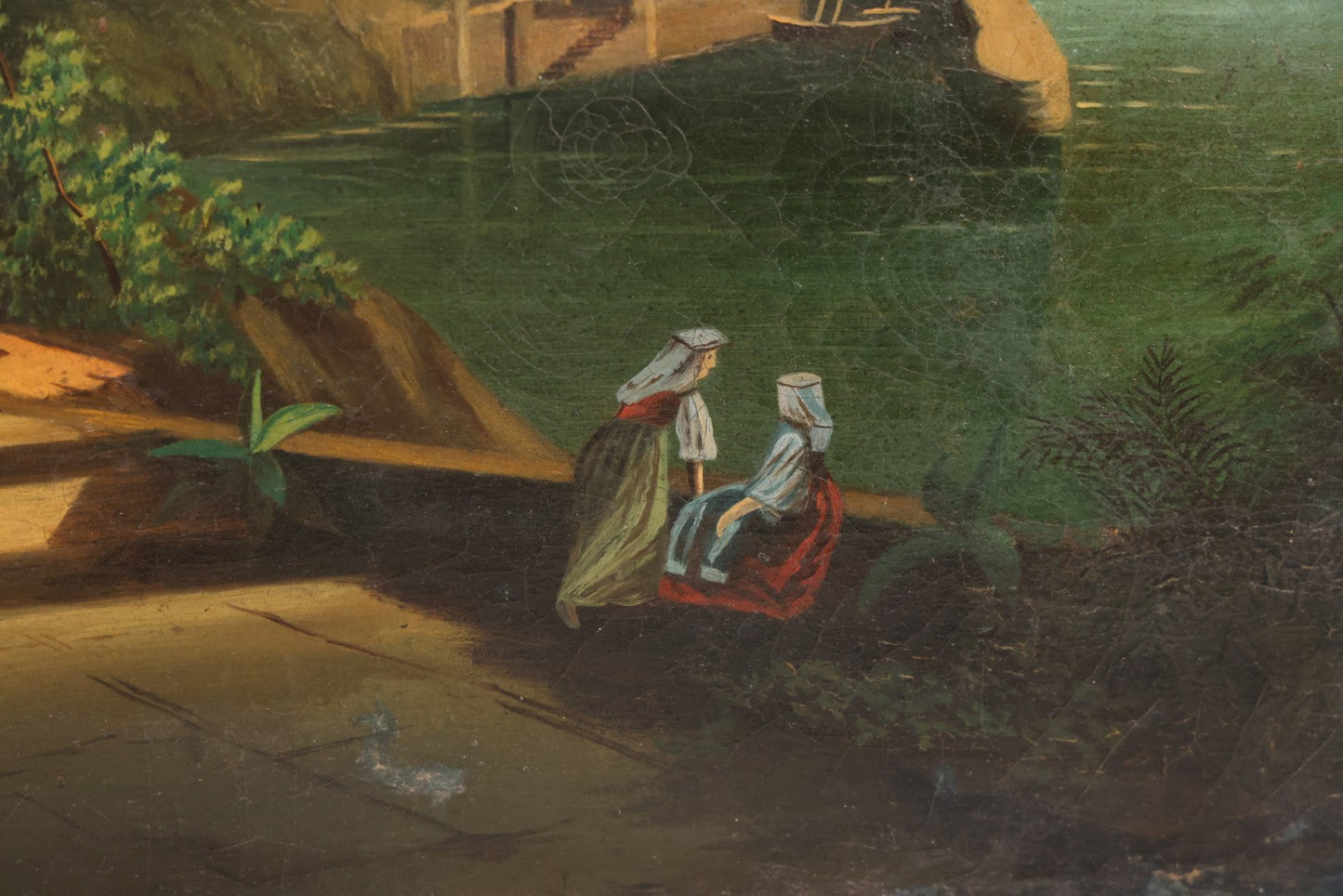 Lot 015 - Antique European Oil On Canvas Painting Landscape Scene Depicting Seaside Castle With Maidens Looking Toward The Coast From Stone Ruins, Mountains And Sailboats In The Distance, Cloudy Sky, Circa Early 19th Century, 24" x 18"